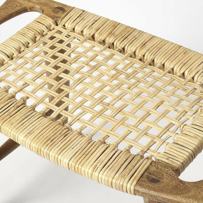 Coastal Wood and Rattan Accent Stool, Rectangular Seat for Living Room