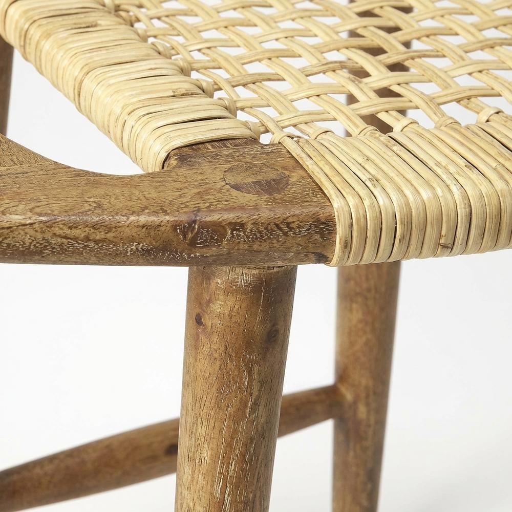 Coastal Wood and Rattan Accent Stool, Rectangular Seat for Living Room