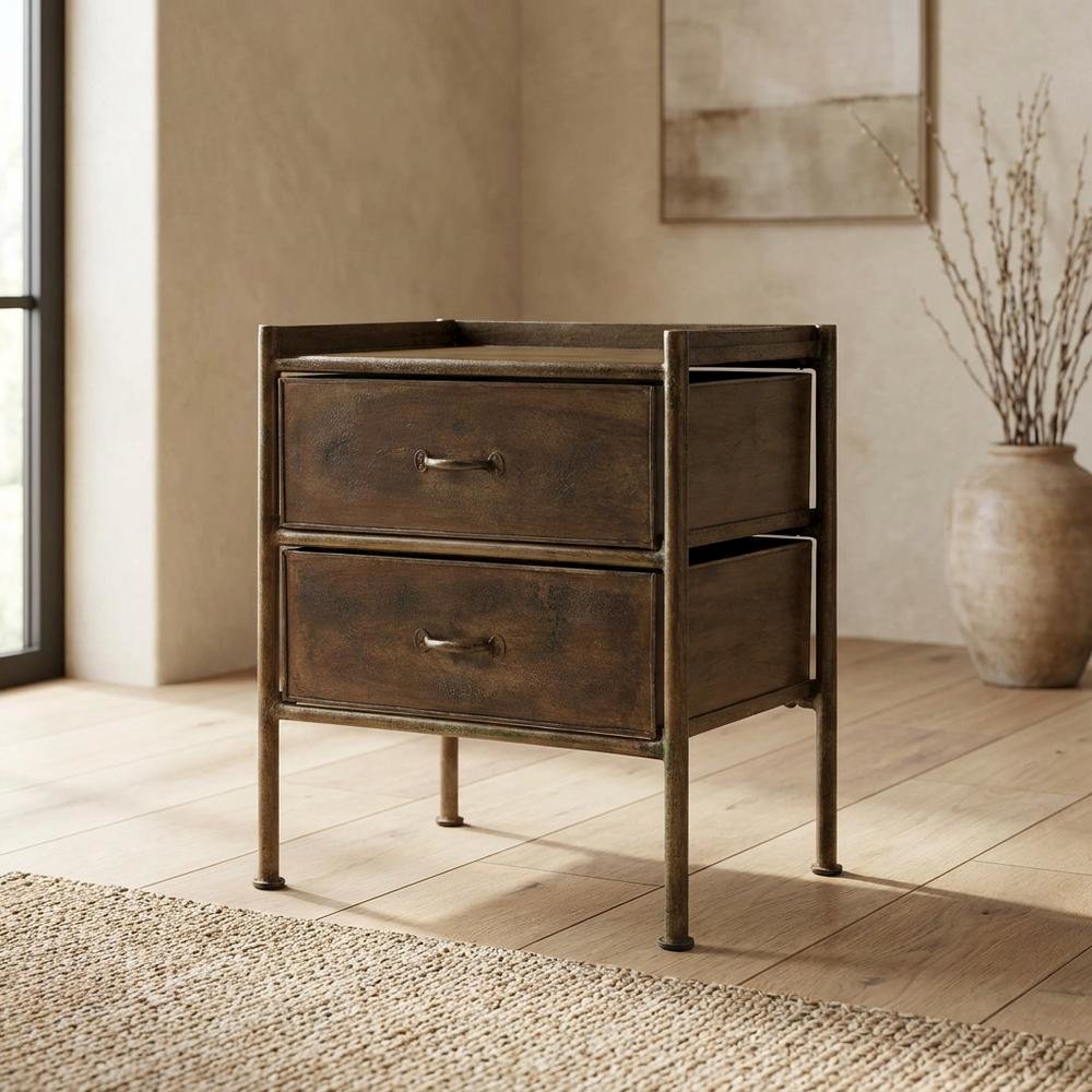 Industrial Side Table with Drawer, Distressed Accent Table for Living Room