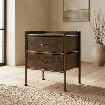 Industrial Side Table with Drawer, Distressed Accent Table for Living Room
