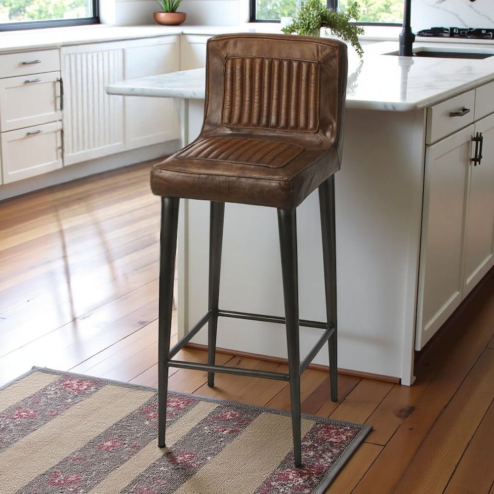 Brown Leather Bar Stool – Bar Height Stool for Kitchen Island Seating