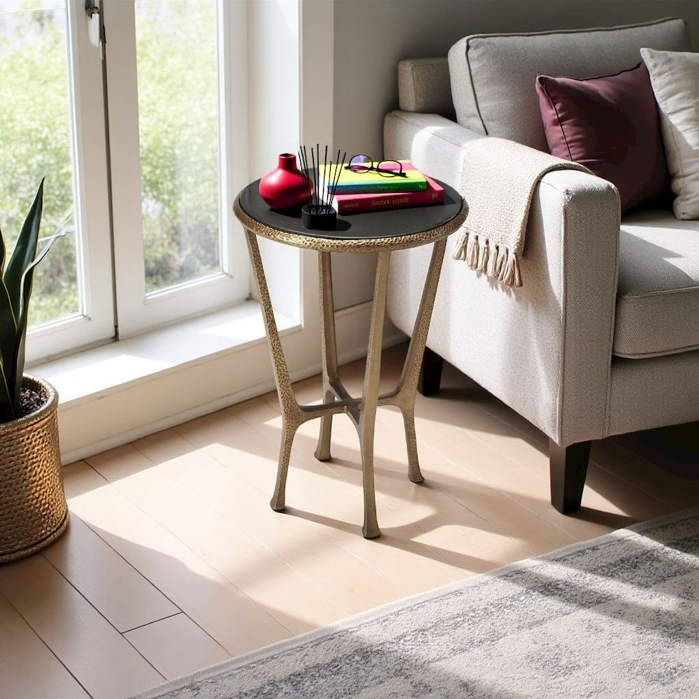 Stone Side Table – Unique Round Stone End Table with Metal Base Design
