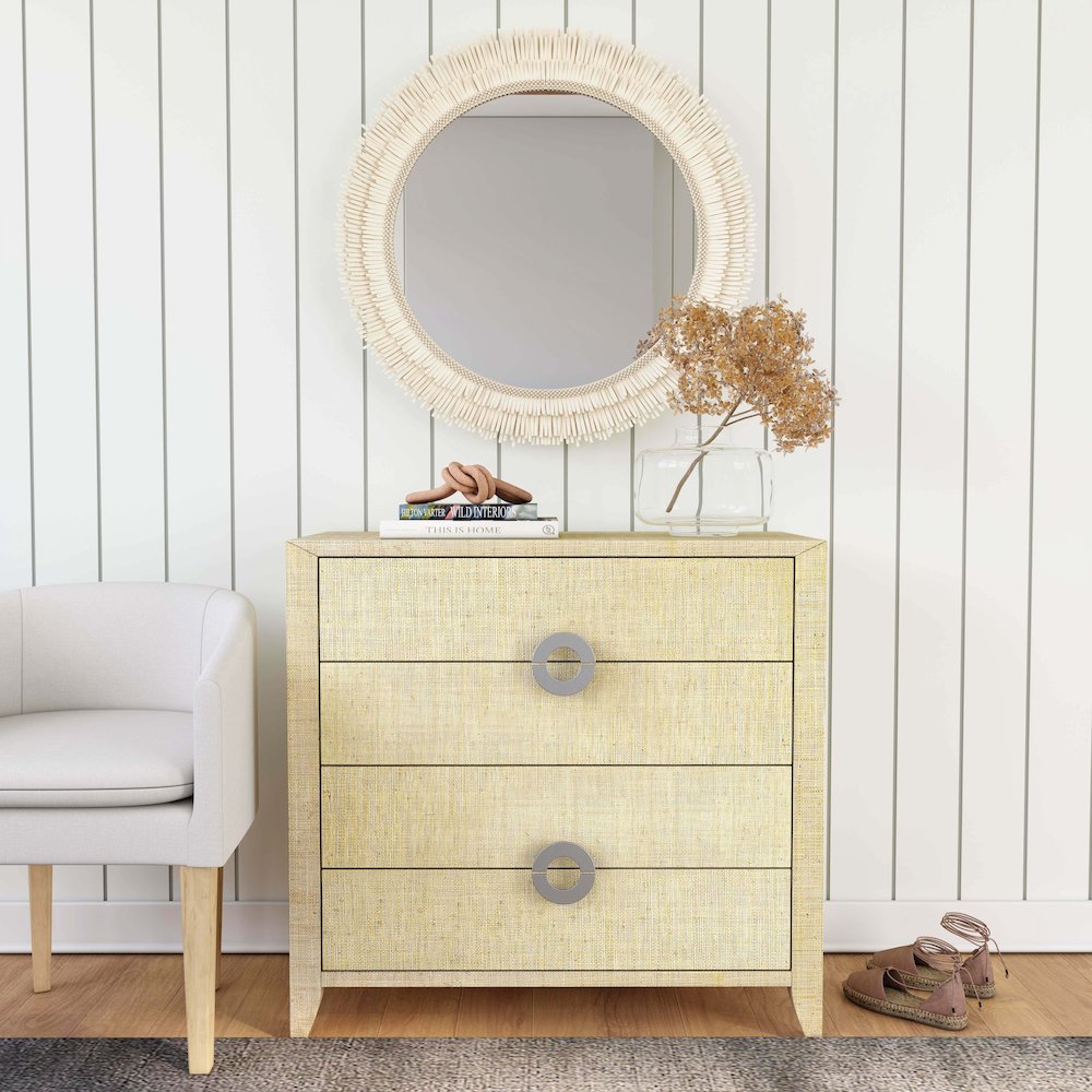 Amelle 4-Drawer Raffia Accent Chest, Cream, Yellow