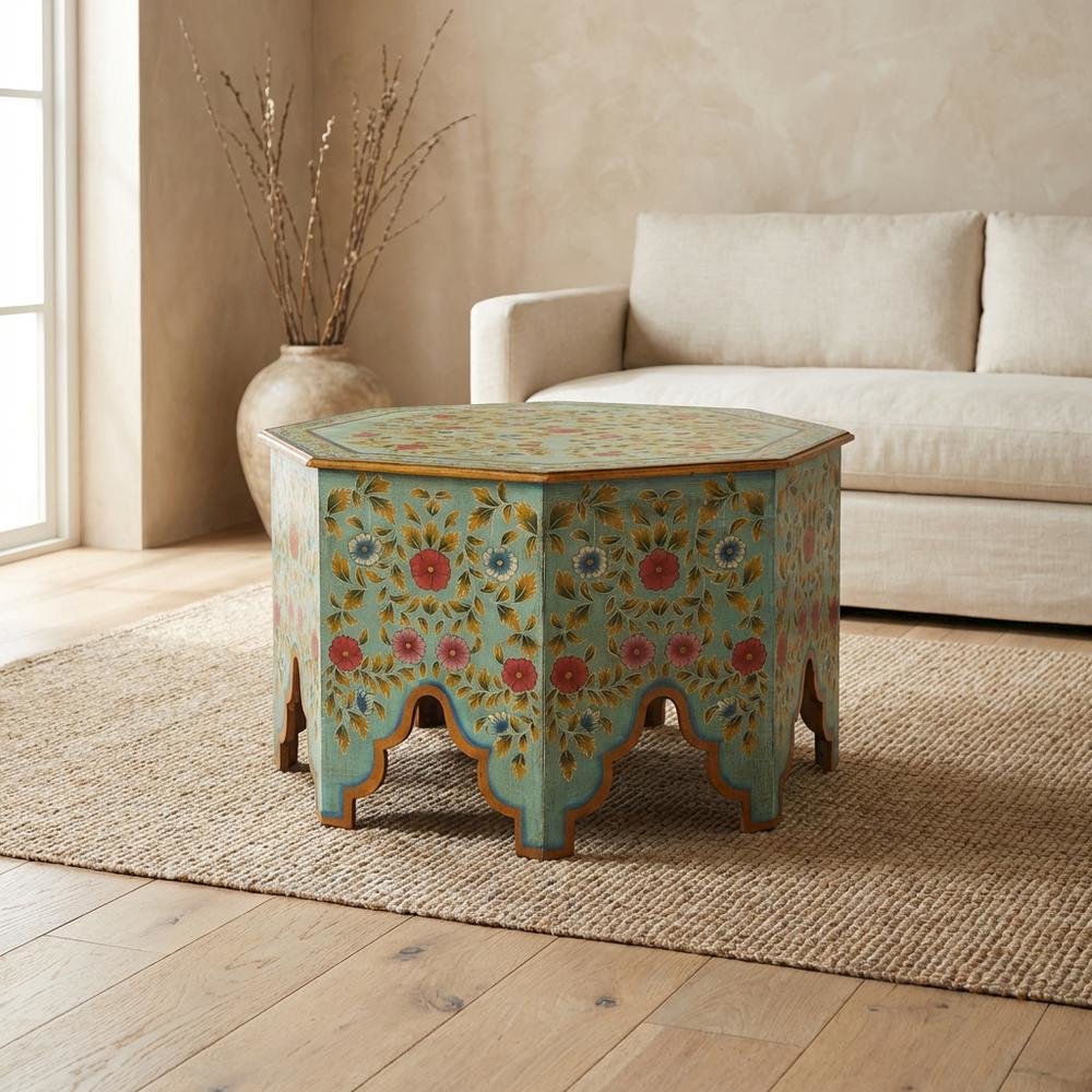 Octagonal Hand Painted Coffee Table, Boho Eclectic Accent Table for Living Room