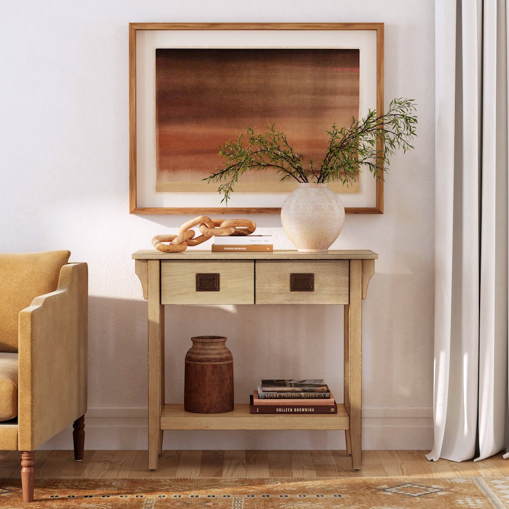 36 in. W Rectangular Wood 2 Drawer Console Table with Lower Open Shelf, Beige