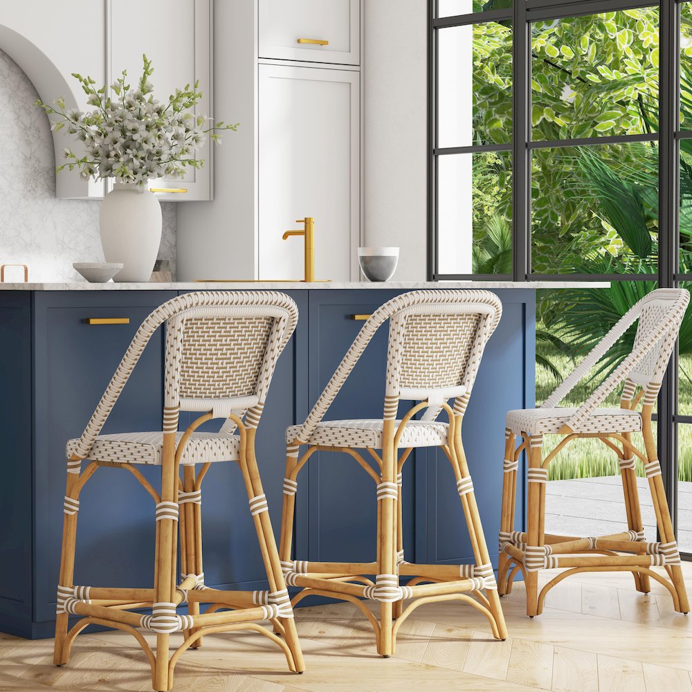 Solstice Rattan 25" Counter Stool, White and Tan Dot