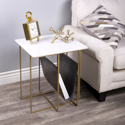 Stephanik Marble & Leather Magazine Side Table, Off-White