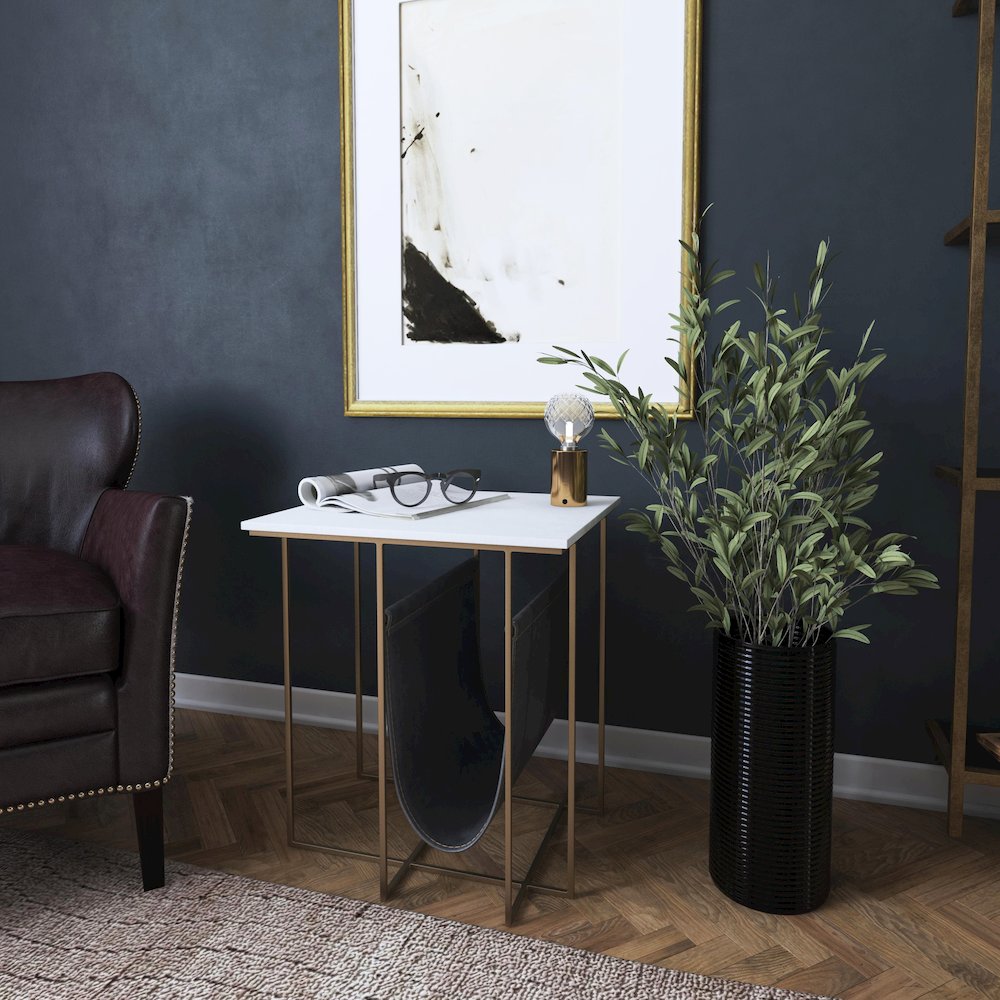 Stephanik Marble & Leather Magazine Side Table, Off-White