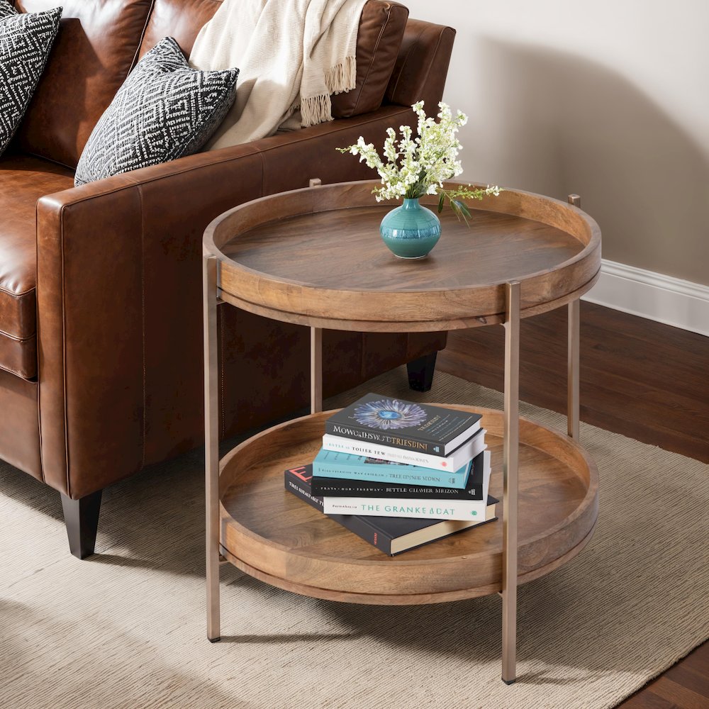 Damirra 23 in. W Round Wood & Metal 2 Tier Side Table, Natural