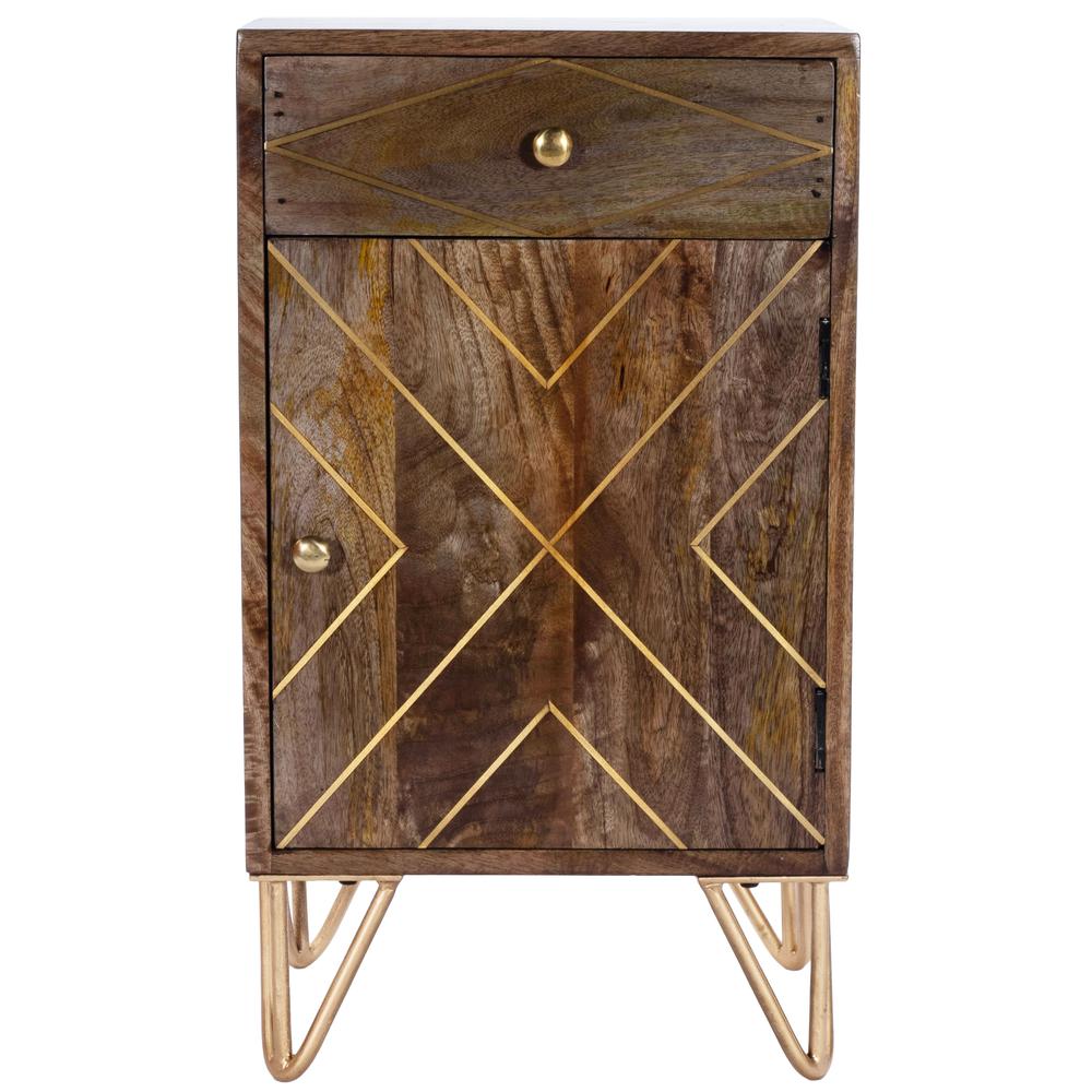 Alda Wood & Brass Metal Inlay Cabinet, Medium Brown