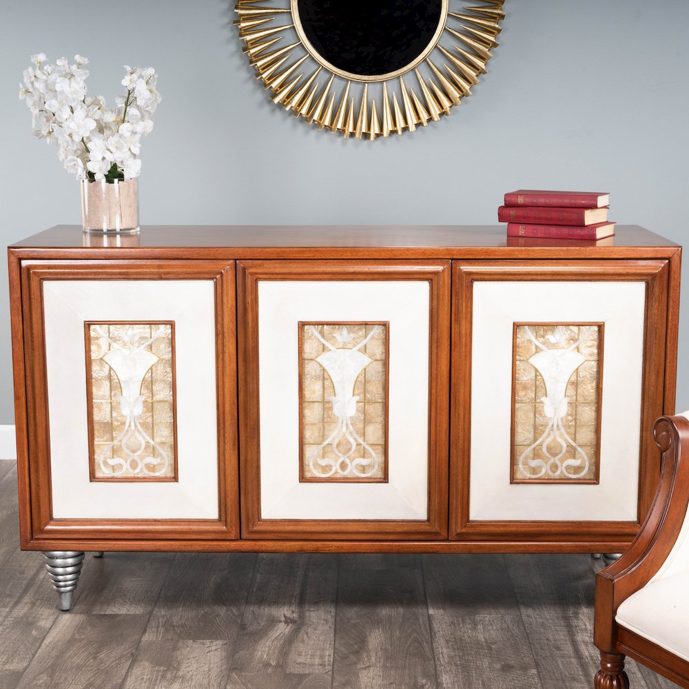 Shelly Leather & Capiz Shell Inlay 55" Sideboard, Medium Brown