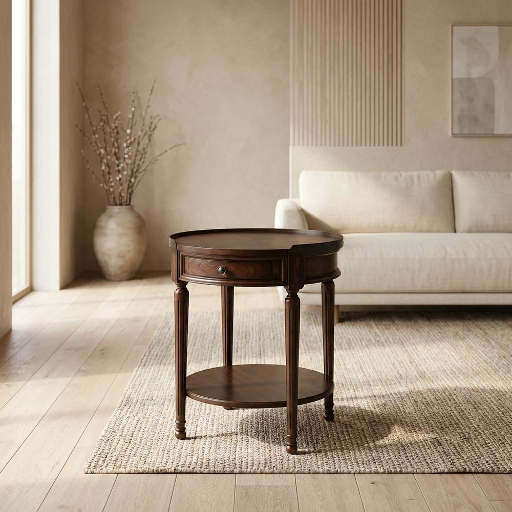 Round Side Table with Drawer, Transitional Accent End Table, Cherry
