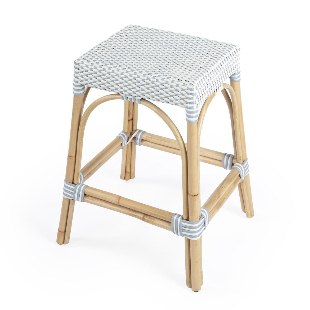 Robias Rectangular Rattan 24.5" Counter Stool, White and Sky Blue Dot