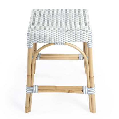Robias Rectangular Rattan 24.5" Counter Stool, White and Sky Blue Dot