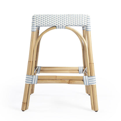 Robias Rectangular Rattan 24.5" Counter Stool, White and Sky Blue Dot