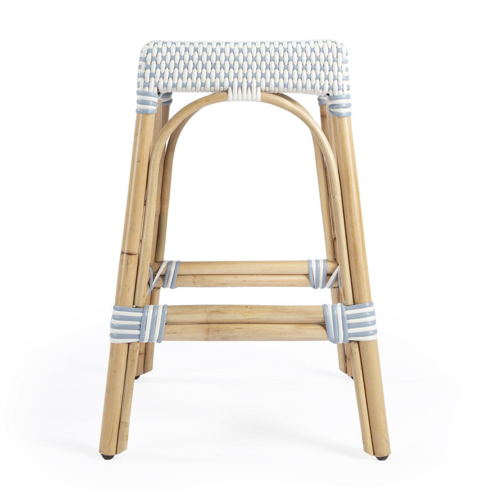 Robias Rectangular Rattan 24.5" Counter Stool, White and Sky Blue Dot