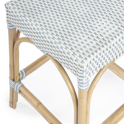 Robias Rectangular Rattan 24.5" Counter Stool, White and Sky Blue Dot