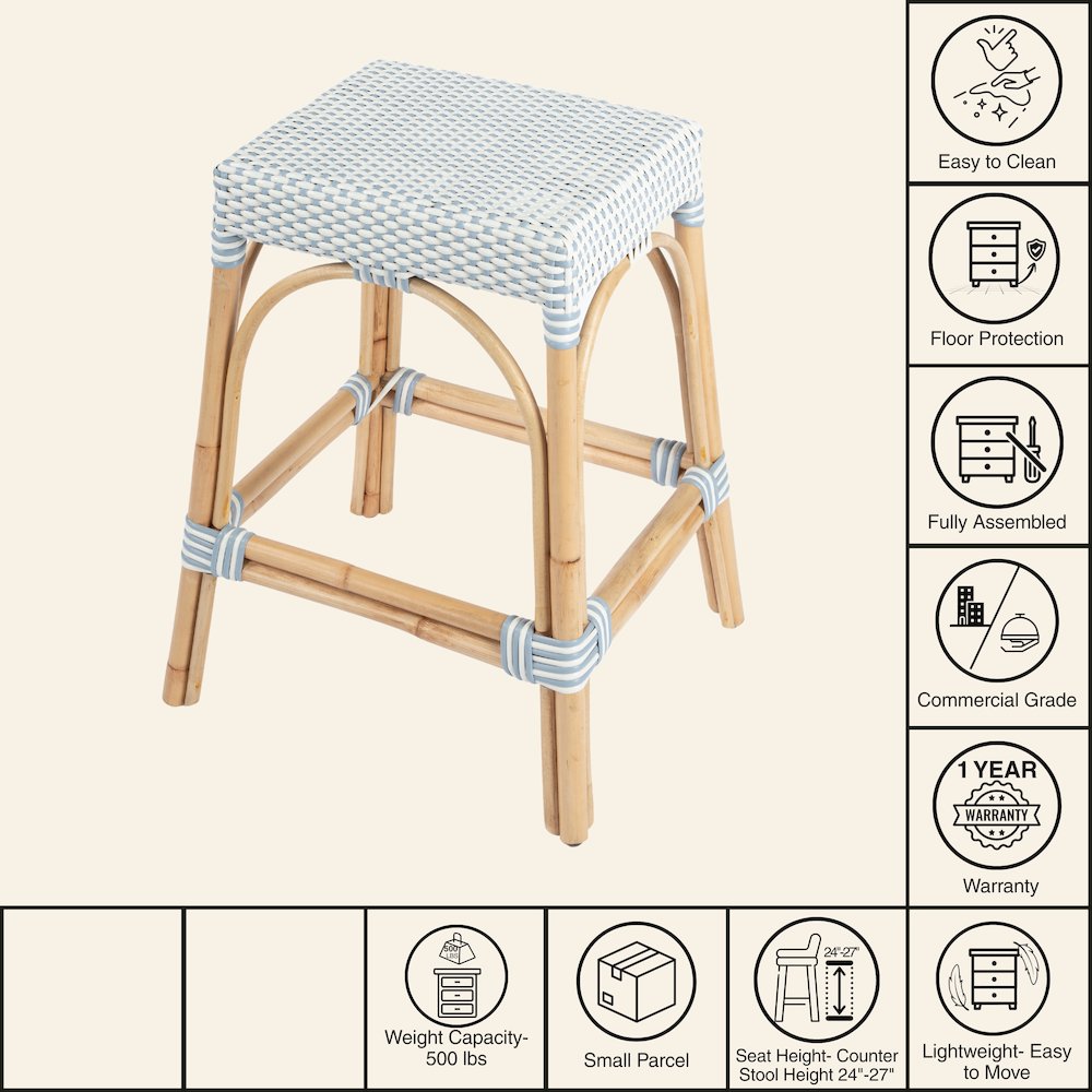Robias Rectangular Rattan 24.5" Counter Stool, White and Sky Blue Dot