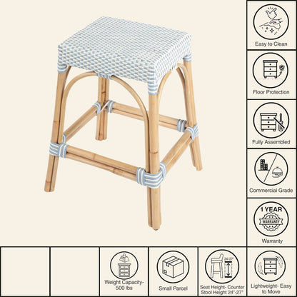 Robias Rectangular Rattan 24.5" Counter Stool, White and Sky Blue Dot
