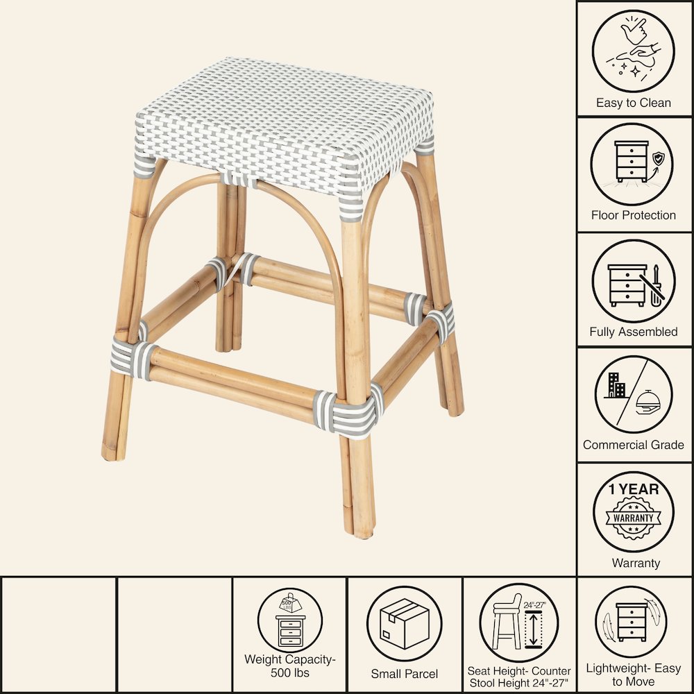 Robias Rectangular Rattan 24.5" Counter Stool, Gray and White Dot