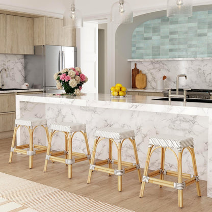Robias Rectangular Rattan 24.5" Counter Stool, Gray and White Dot