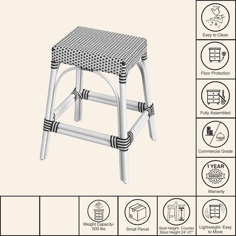 Robias Rectangular Rattan 24.5" Counter Stool, White and Black Dot