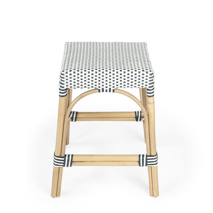 Robias Rectangular Rattan 24.5" Counter Stool, White and Navy Stripe
