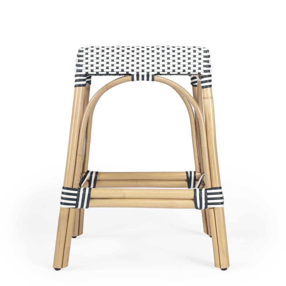 Robias Rectangular Rattan 24.5" Counter Stool, White and Navy Stripe