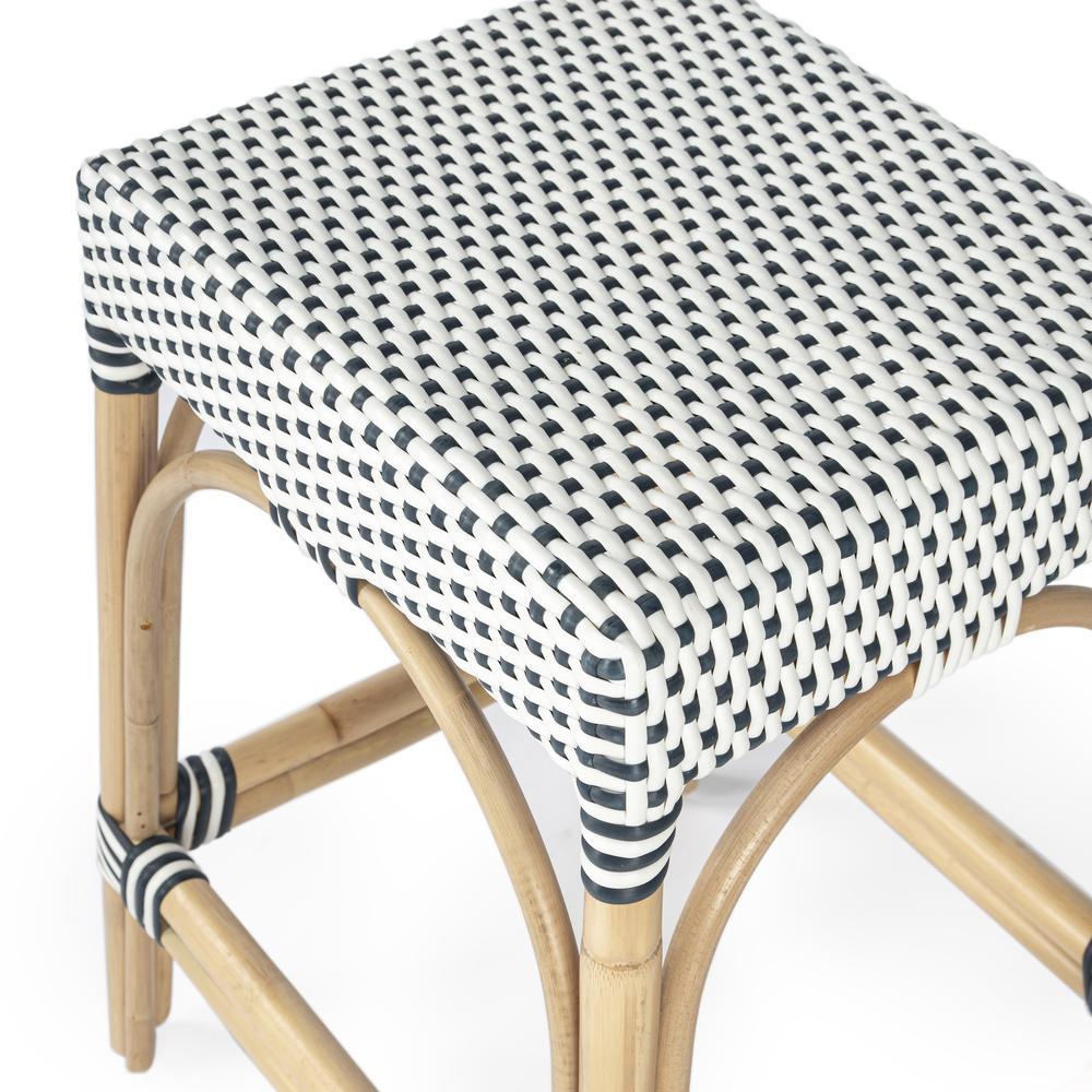 Robias Rectangular Rattan 24.5" Counter Stool, White and Navy Stripe