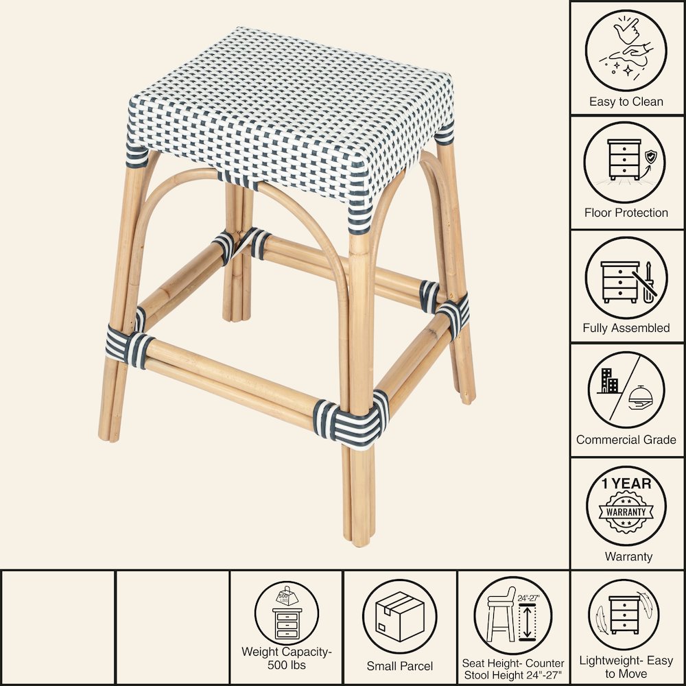 Robias Rectangular Rattan 24.5" Counter Stool, White and Navy Stripe