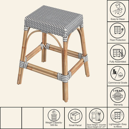Robias Rectangular Rattan 24.5" Counter Stool, White and Gray Dot