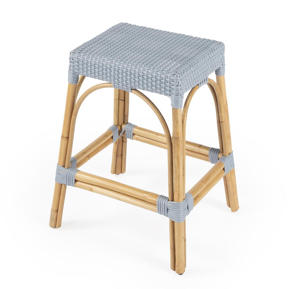 Robias Rectangular Rattan 24.5" Counter Stool, Baby Blue