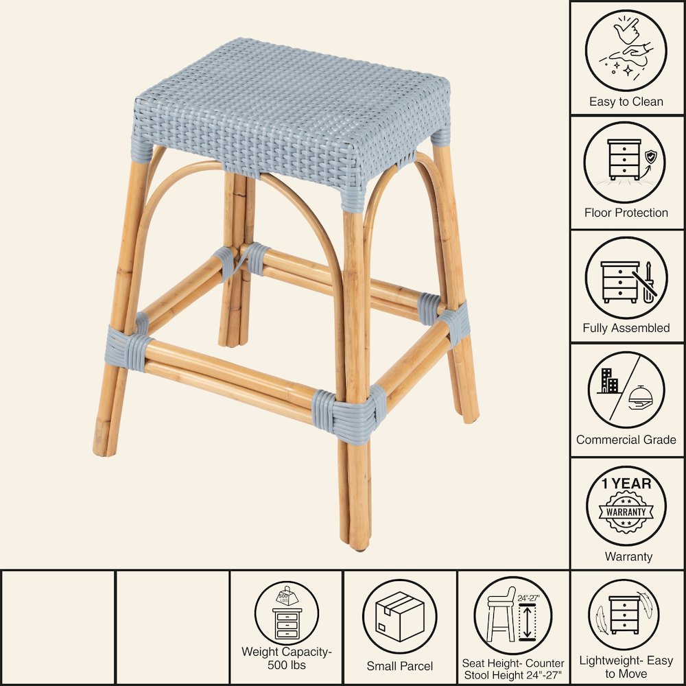 Robias Rectangular Rattan 24.5" Counter Stool, Baby Blue