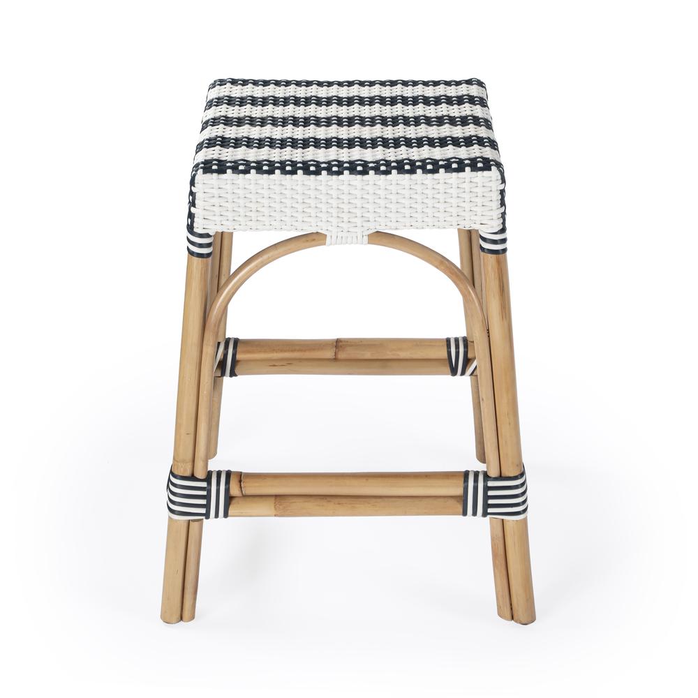 Robias Rectangular Rattan 24.5" Counter Stool, White and Navy Stripe