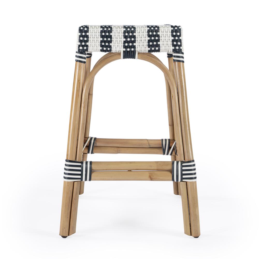 Robias Rectangular Rattan 24.5" Counter Stool, White and Navy Stripe