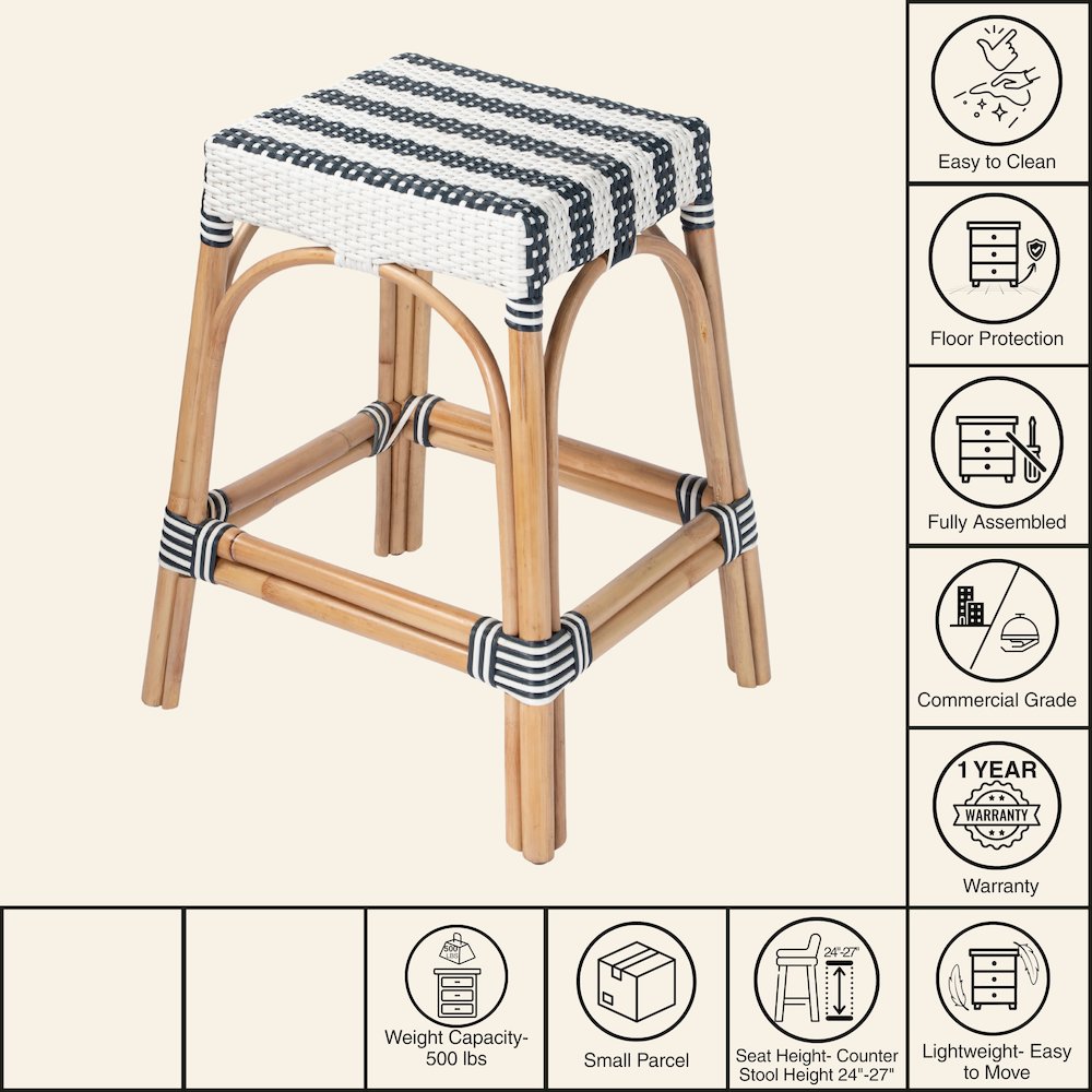 Robias Rectangular Rattan 24.5" Counter Stool, White and Navy Stripe