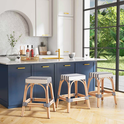 Robias Rectangular Rattan 24.5" Counter Stool, White and Navy Stripe