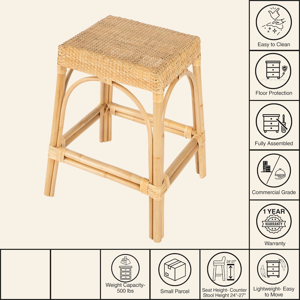 Robias Rectangular Rattan 24.5" Counter Stool, Natural