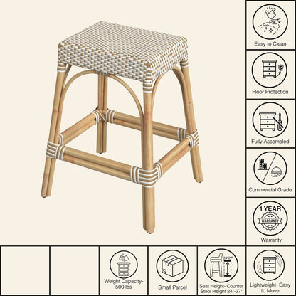 Robias Rectangular Rattan 24.5" Counter Stool, White and Tan Dot