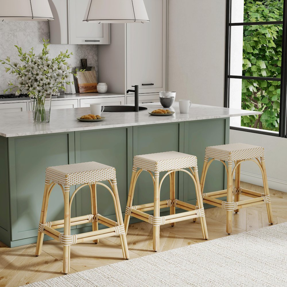 Robias Rectangular Rattan 24.5" Counter Stool, White and Tan Dot