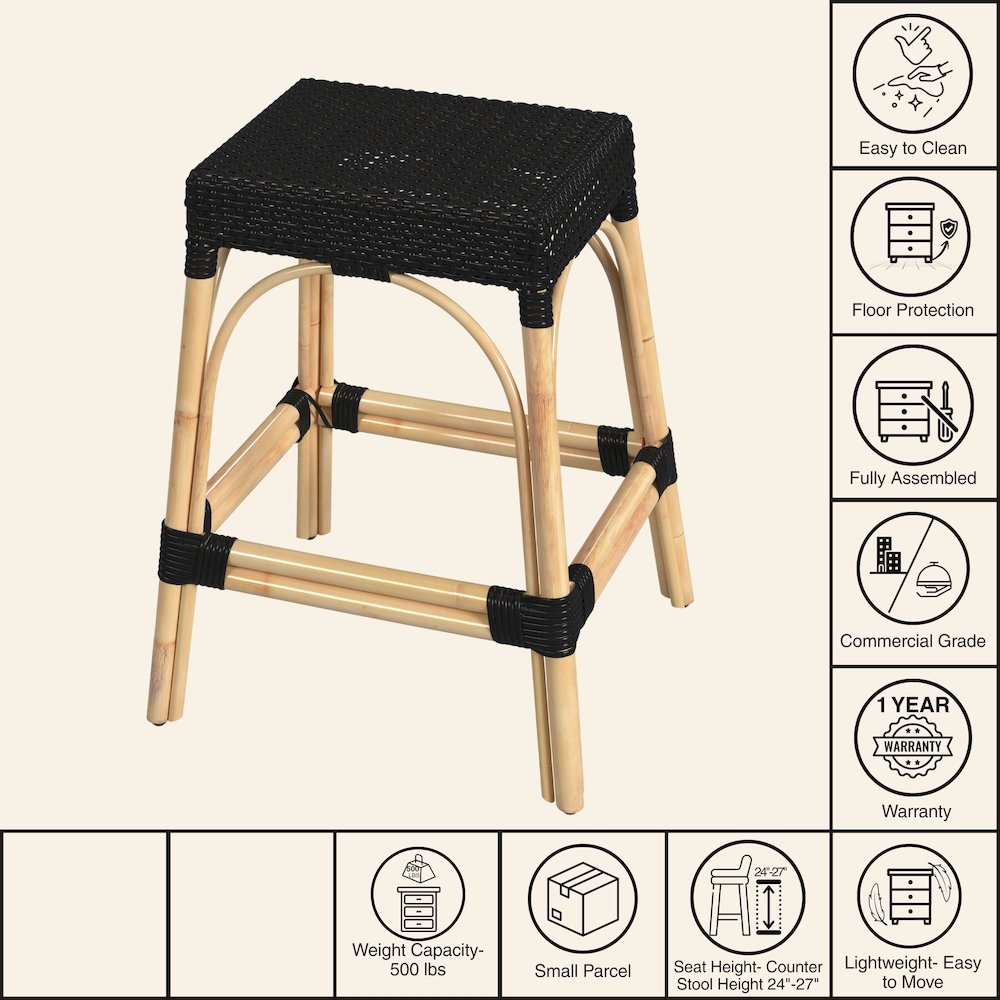 Robias Rectangular Rattan 24.5" Counter Stool, Black
