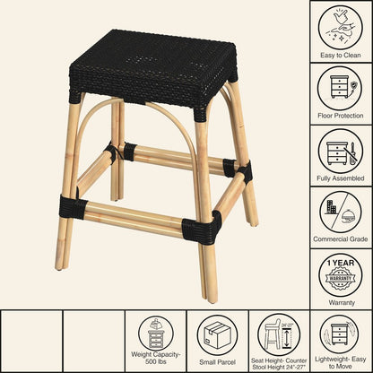 Robias Rectangular Rattan 24.5" Counter Stool, Black