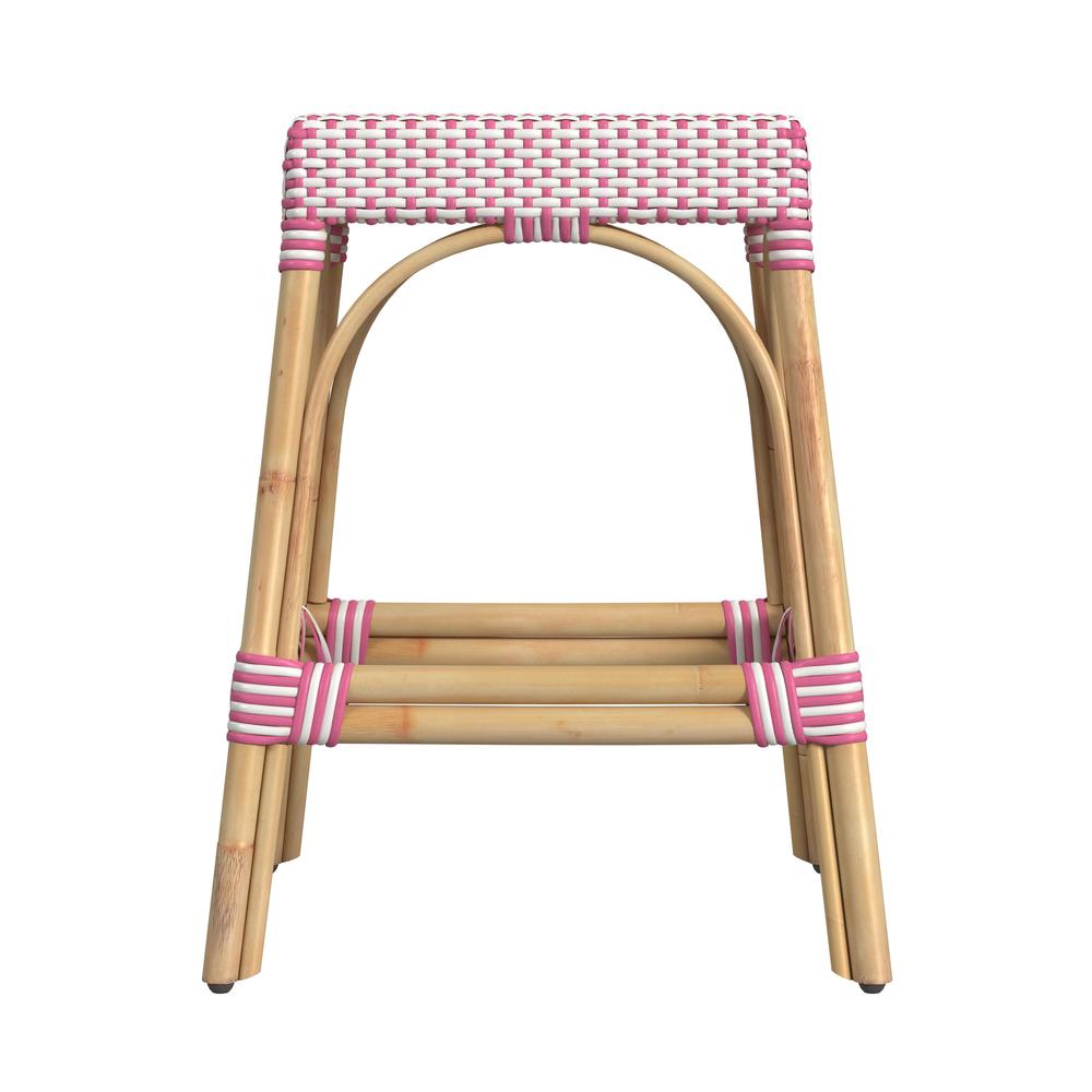 Robias Rectangular Rattan 24.5" Counter Stool, White and Pink Dot