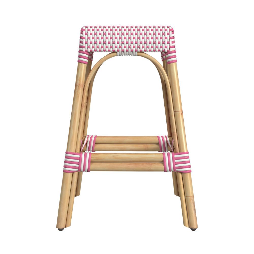 Robias Rectangular Rattan 24.5" Counter Stool, White and Pink Dot