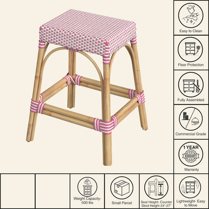 Robias Rectangular Rattan 24.5" Counter Stool, White and Pink Dot