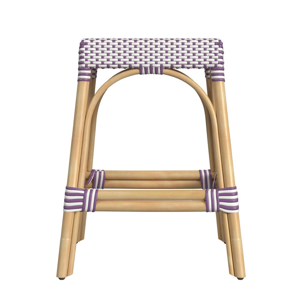 Robias Rectangular Rattan 24.5" Counter Stool, White and Purple Dot