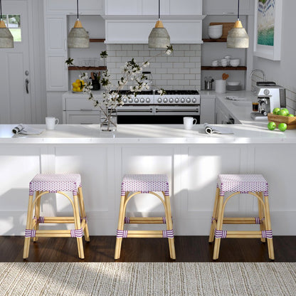Robias Rectangular Rattan 24.5" Counter Stool, White and Purple Dot