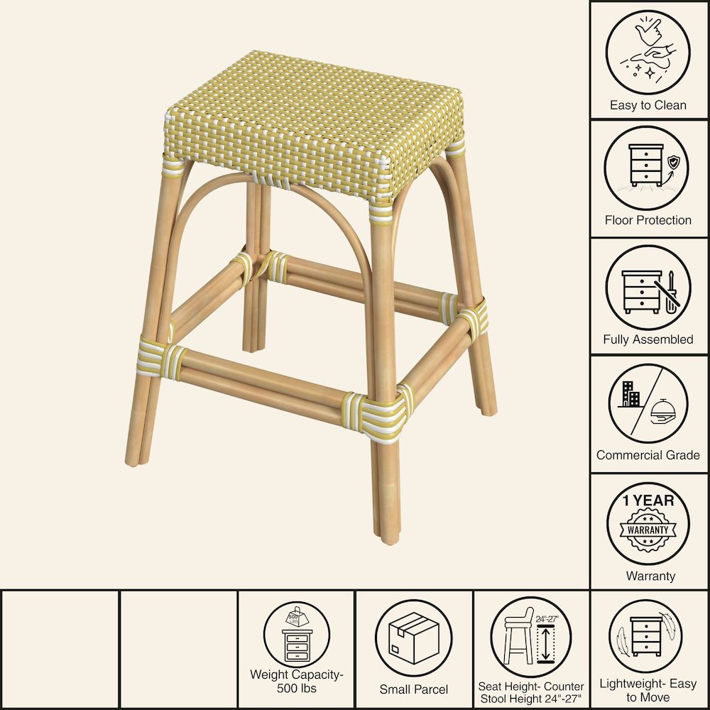 Robias Rectangular Rattan 24.5" Counter Stool, Yellow and White Dot