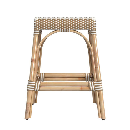 Robias Rectangular Rattan 24.5" Counter Stool, Tan and White Stripe