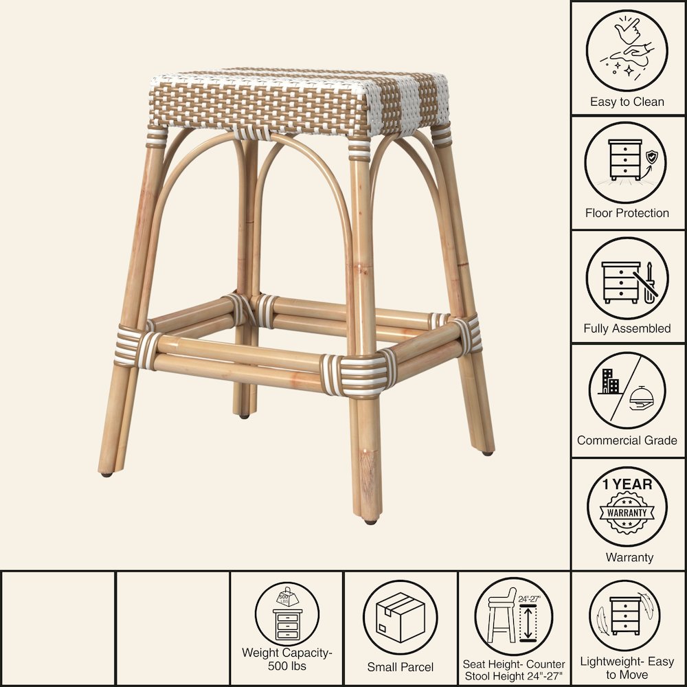 Robias Rectangular Rattan 24.5" Counter Stool, Tan and White Stripe